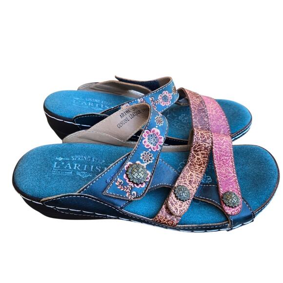 L'Artiste by Spring Step Blue Floral Leather Strappy Arima Wedge Sandals EU 38 - Picture 1 of 6